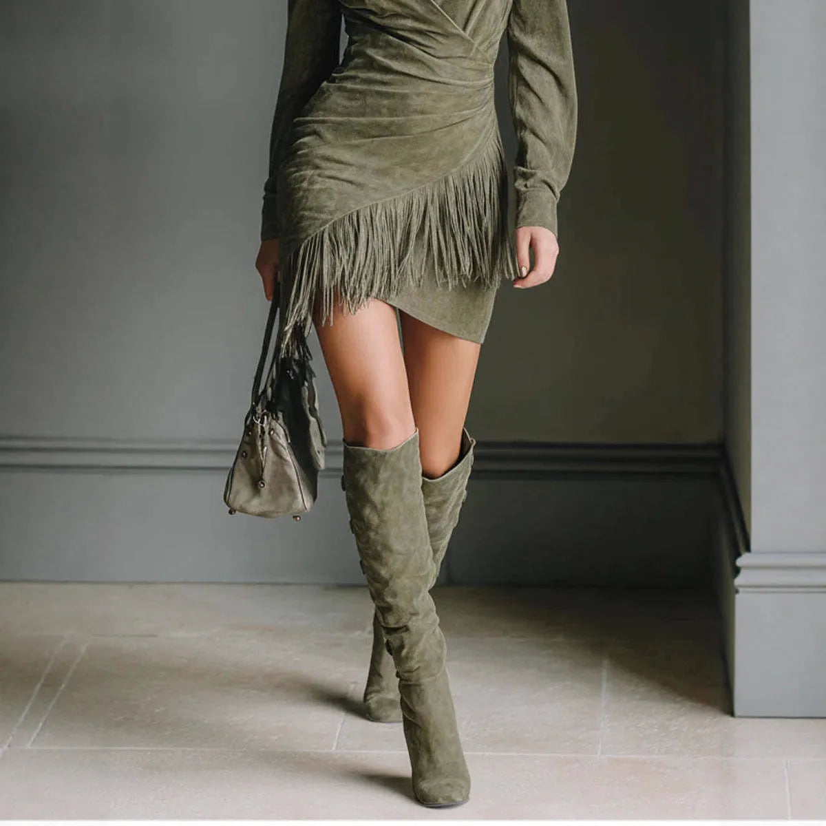 Western denim suede tassels slim-fit long sleeve dress in dark green with geometric pattern A-line skirt