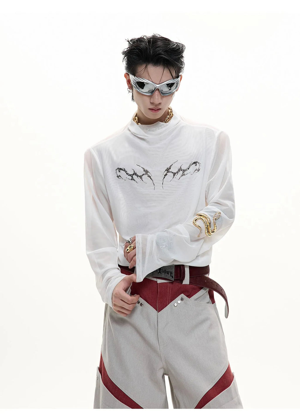 Men's black mesh long-sleeve shirt with a slim, close-fitting bottoming cut on a model.