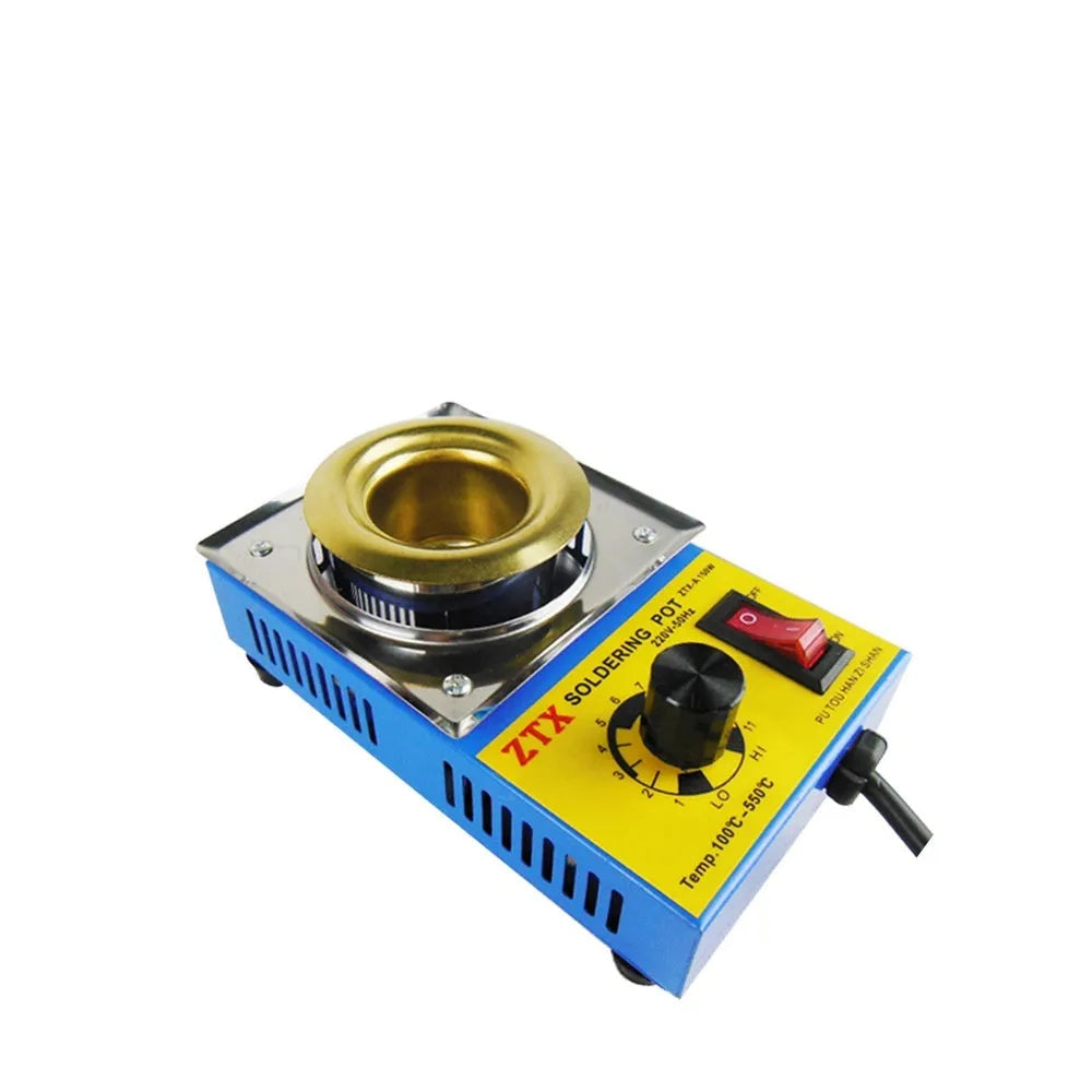Desktop tin melting furnace with thermostat dial and titanium-plated pot on a workbench.