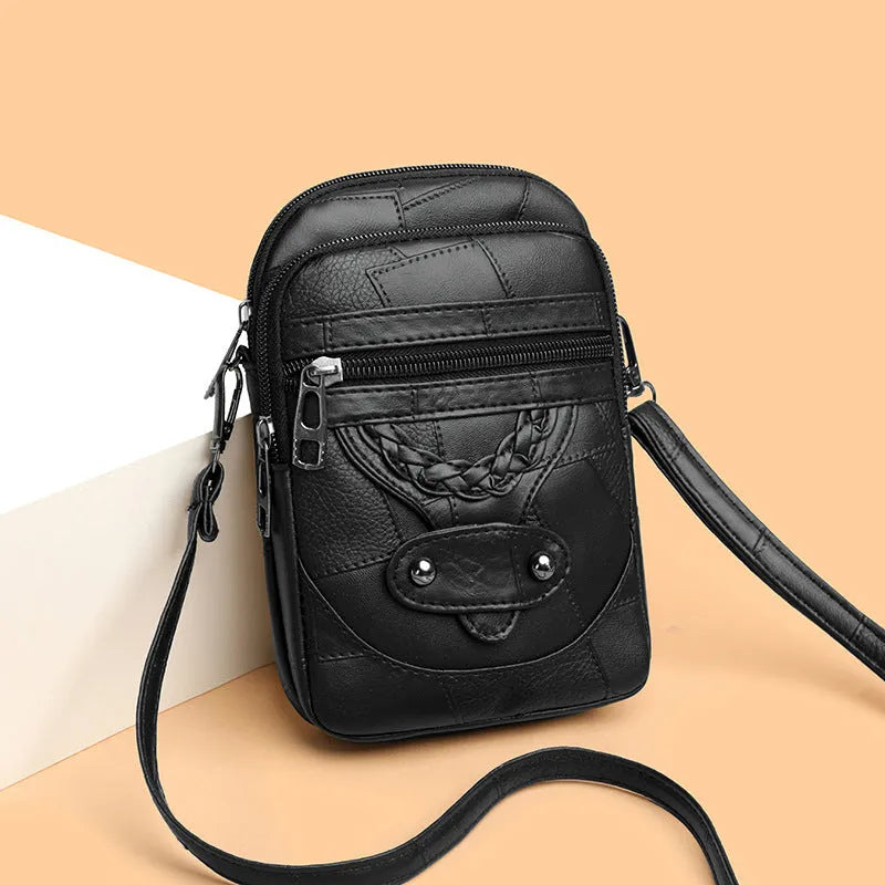 Soft brown PU leather vertical mobile phone bag with weaving pattern and metal rivets.