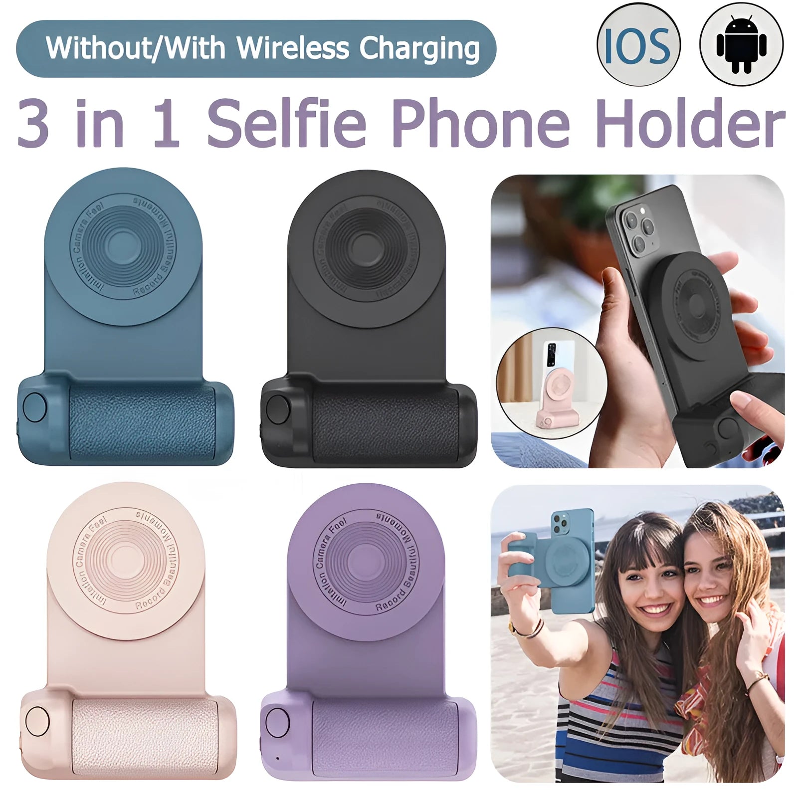 Black magnetic phone camera holder with rotatable grip on wooden table demonstrating phone attachment