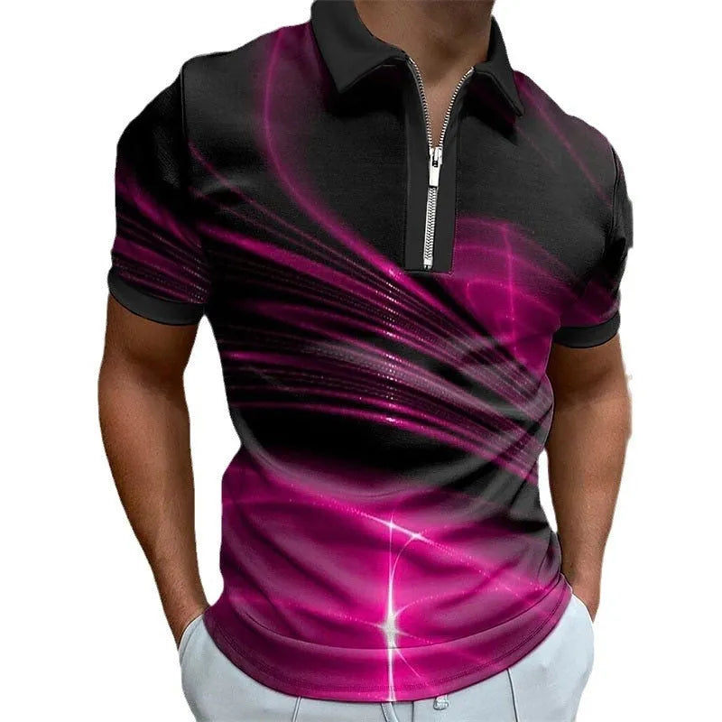 Men's blue zipper polo shirt with short sleeves and loose fit design