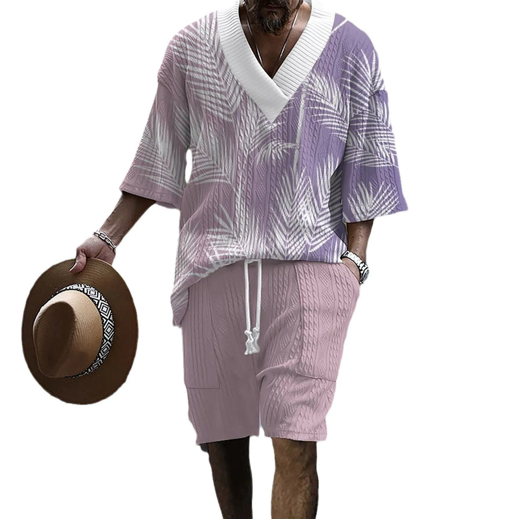 Men's printed drop-shoulder knitted short-sleeved top with matching shorts in chemical fibre blend fabric