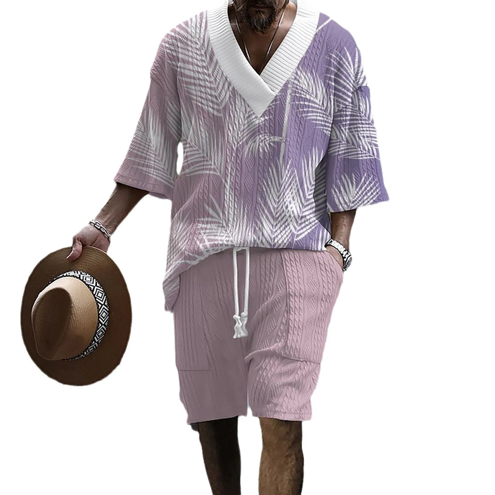 Men's printed drop-shoulder knitted short-sleeved top with matching shorts in chemical fibre blend fabric