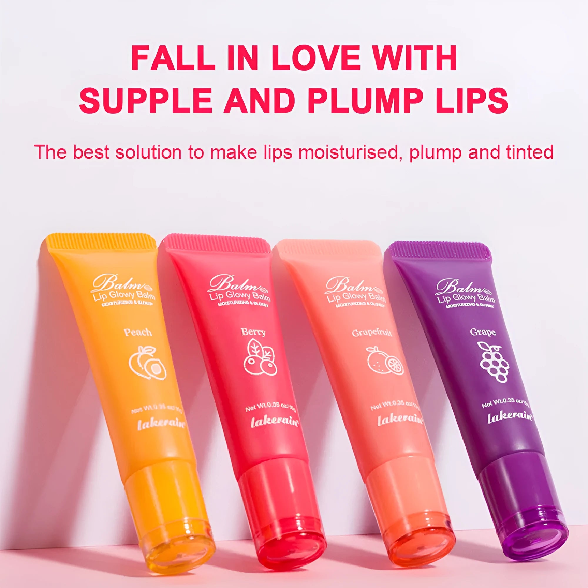 Women's flavoured lip gloss in berry, grape, grapefruit, and yellow peach variants.