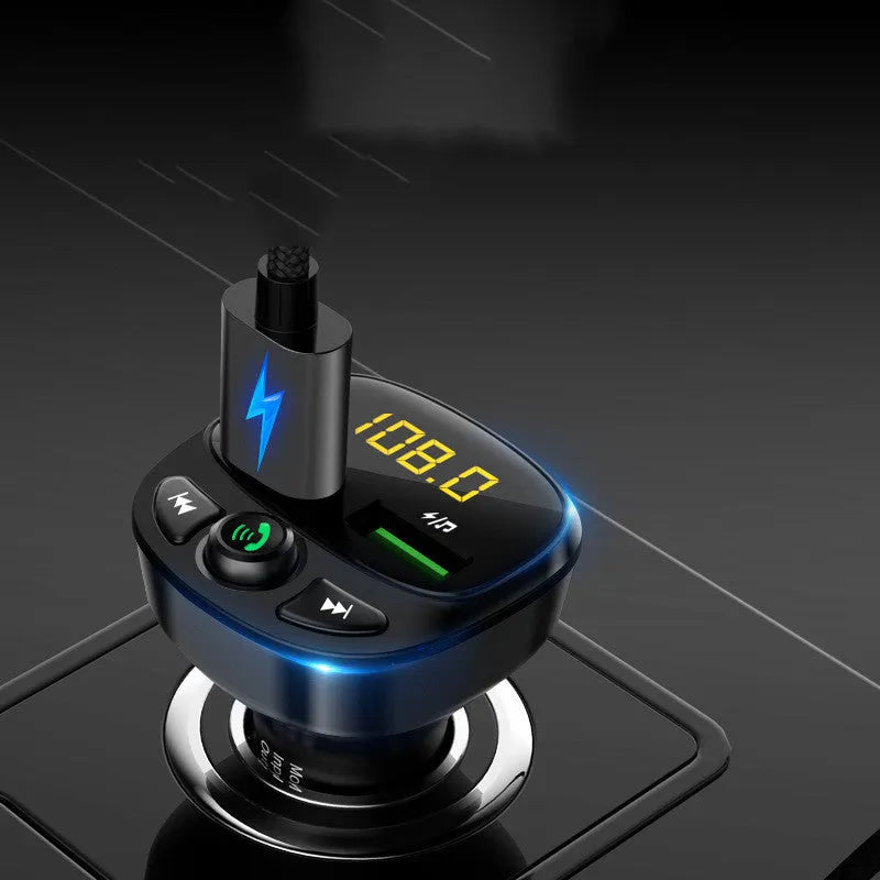 Car Bluetooth 5.0 FM transmitter with 1.1 inch LED screen and QC3.0 charging, powered by 12V-24V cigarette lighter