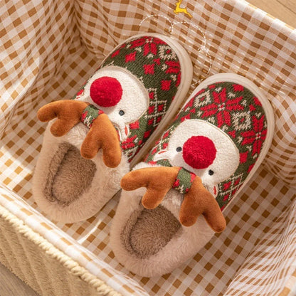 Cozy Christmas elk plush slippers with soft, plush fabric and non-slip soles for indoor comfort and style