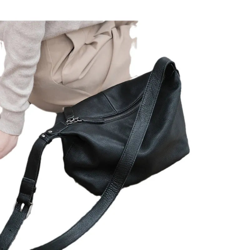 Genuine leather dumpling shoulder bag with wide strap in retro tan or retro black for women daily wear