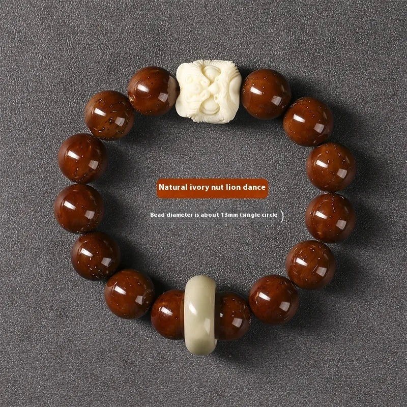 Hand-woven beaded circle bracelet with 13mm round beads in ivory nut, sandalwood, or yellow gradient bodhi style.
