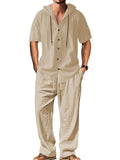Men's casual cotton leisure suit set in grey, showing long sleeve top and trousers laid flat.