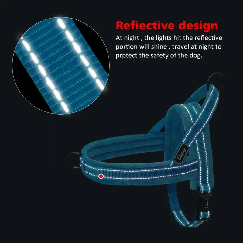 No pull dog harness with leather padded strap in black, for large dogs, sizes XS to XL