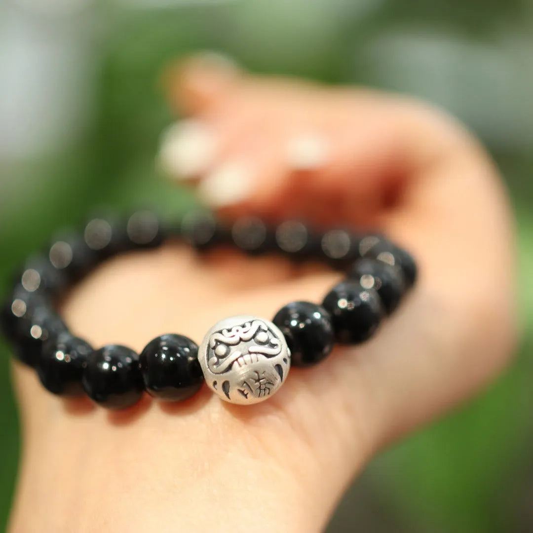 Natural black agate bracelet with sterling silver alloy clasp in Chinese style design