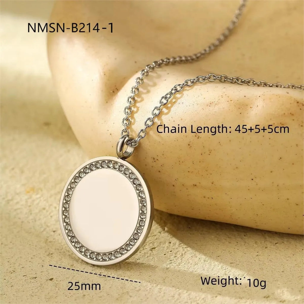 Geometric diamond inlaid titanium steel necklace with 18K gold electroplated finish, adjustable chain 41-50cm, round pendant