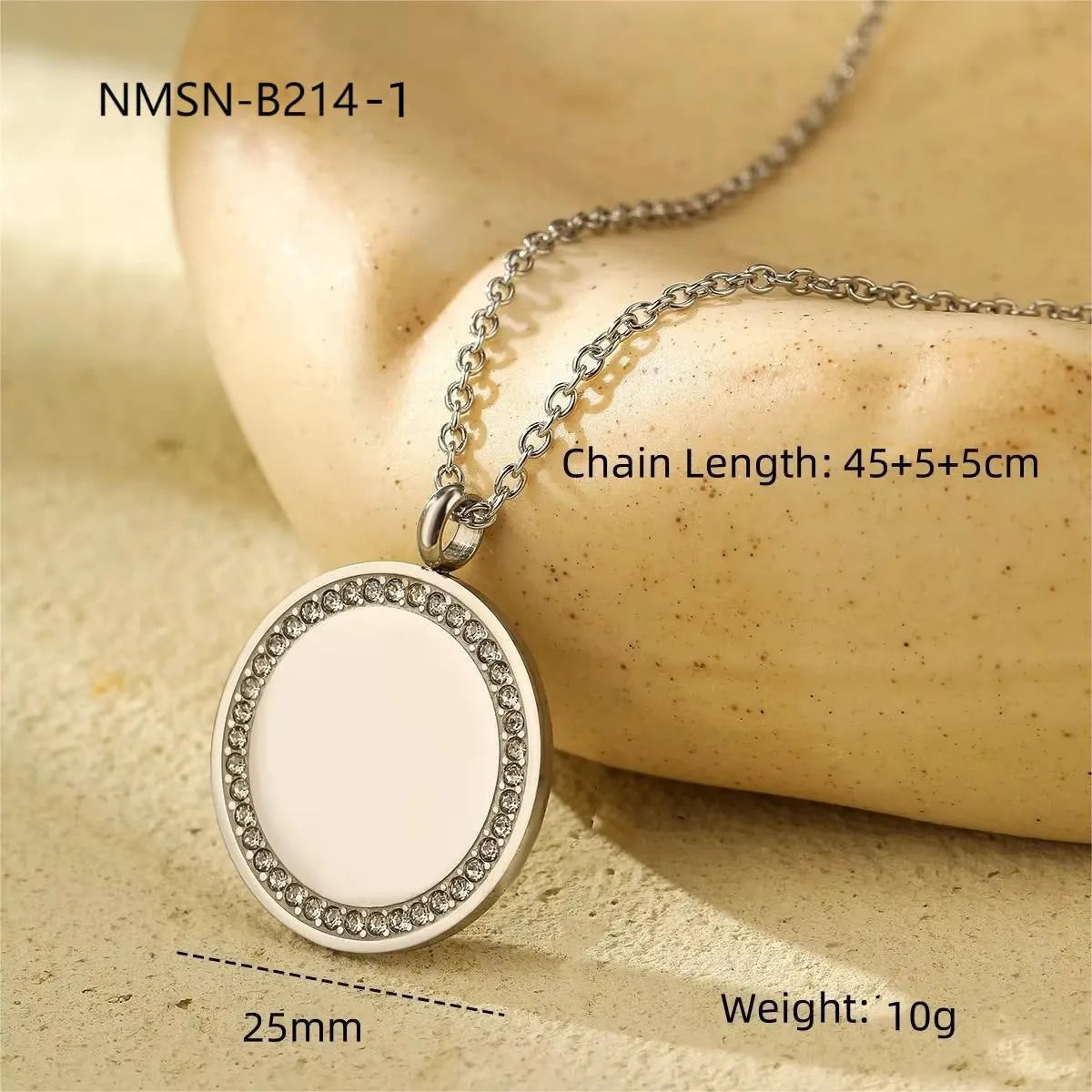 Geometric diamond inlaid titanium steel necklace with 18K gold electroplated finish, adjustable chain 41-50cm, round pendant
