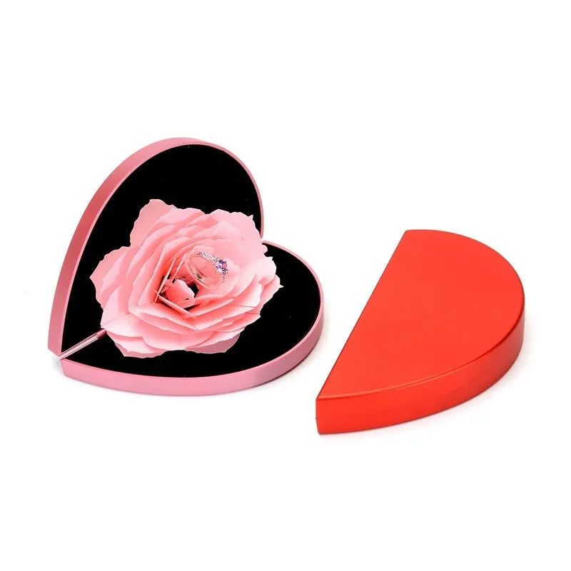 Red heart-shaped rotating ring box with 3D love design and rose decoration for jewellery packaging