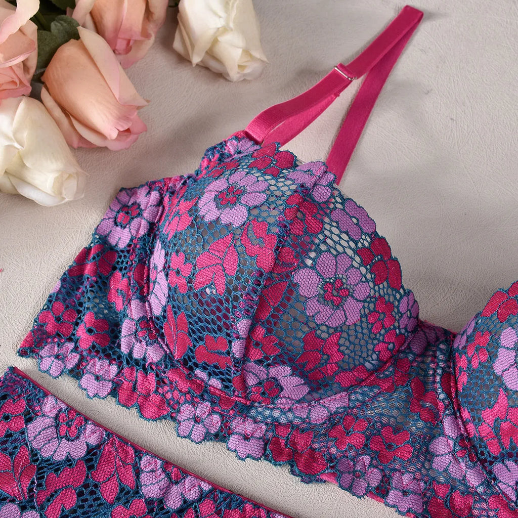 Rose red women's two-piece bikini set with contrast colour panels and fashion embroidery detail.