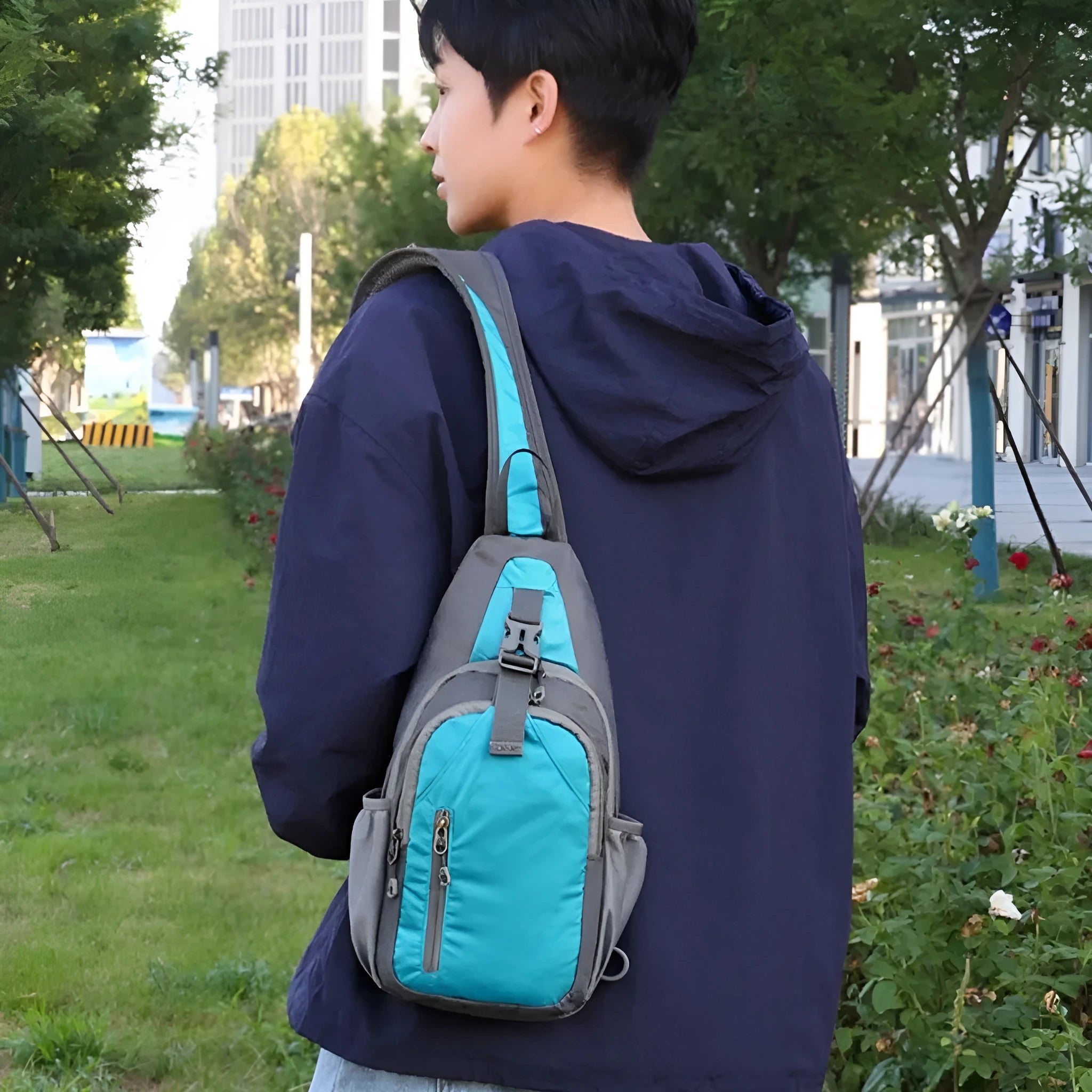 Unisex nylon crossbody chest bag with contrast colour detailing in seven colour options