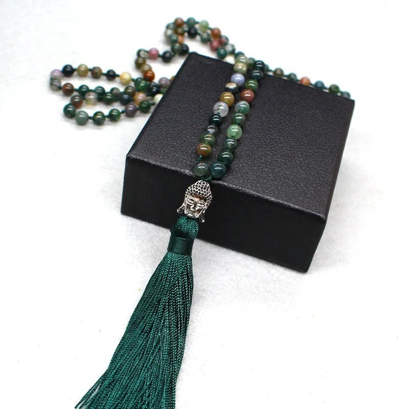 Indian agate bracelet with 108 geometrically shaped 6mm beads on wrist