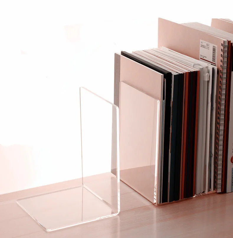 Transparent acrylic bookshelf display rack holding a pair of books on a desk