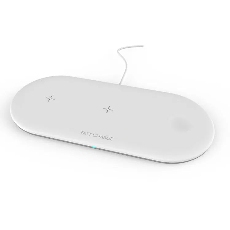 Black or white three-device wireless charging station for Apple-compatible phones, headphones and watches