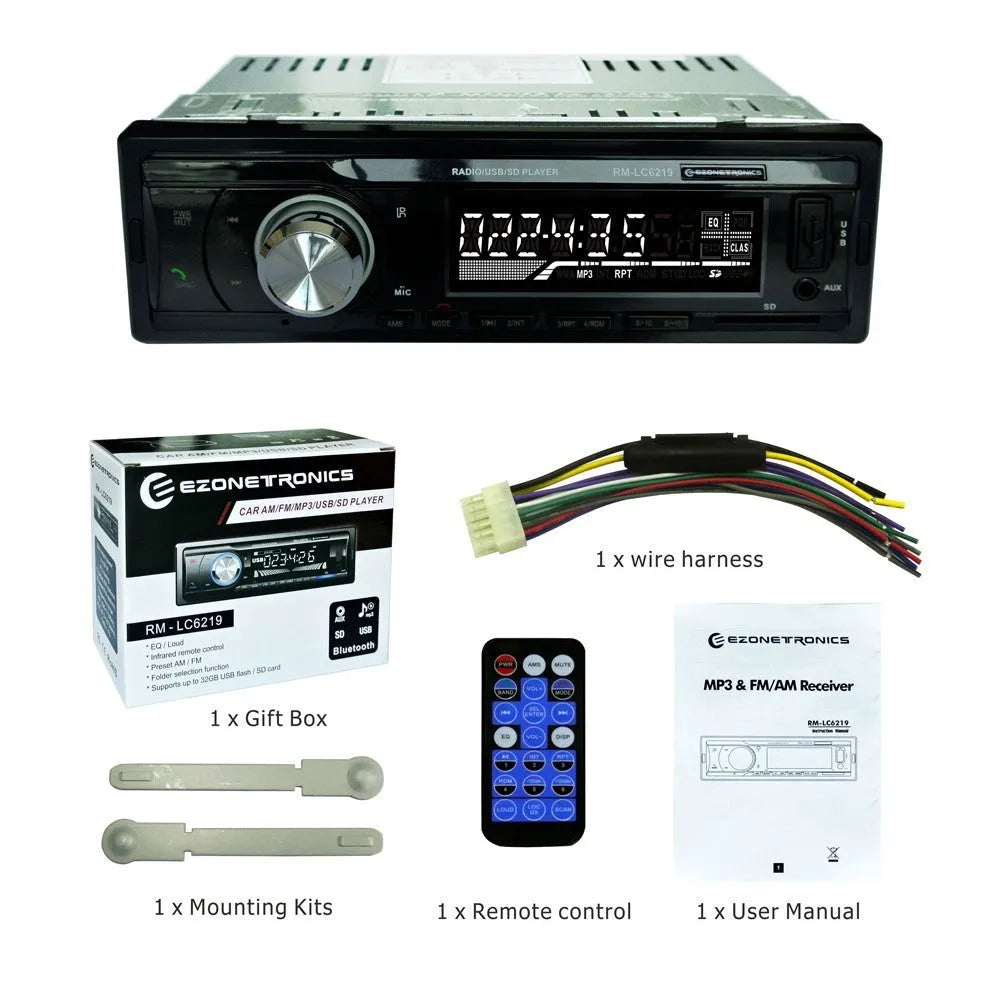 Car Bluetooth stereo receiver with front panel showing USB, SD card slots, and auxiliary input port
