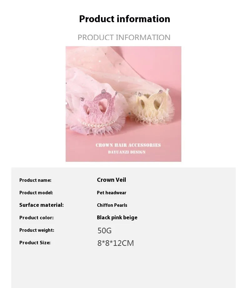 Pet princess crown headdress with veil for cats, available in beige or pink cotton polyester.