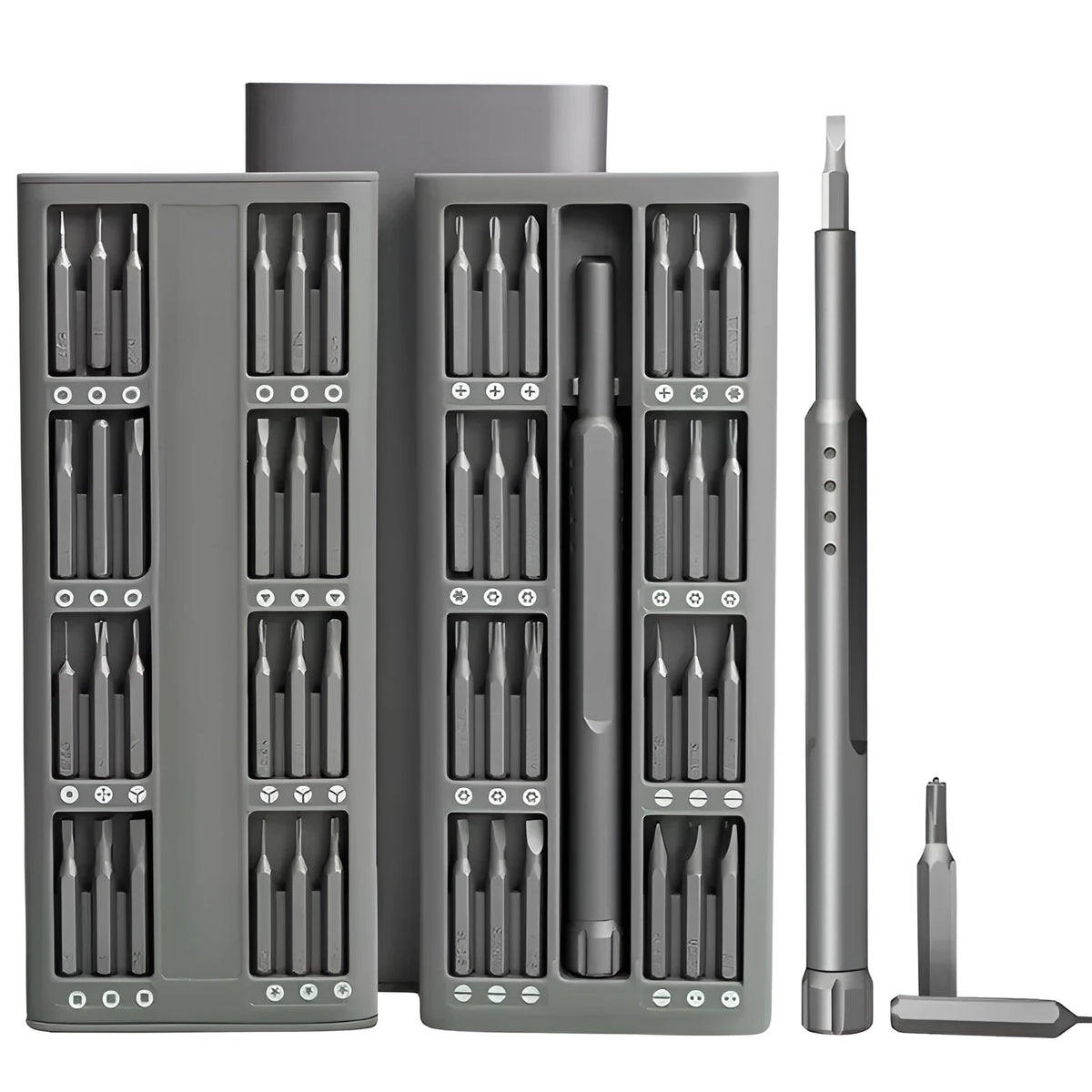49 in 1 nickel aluminium bronze magnetic precision screwdriver set with cross and slotted bits.