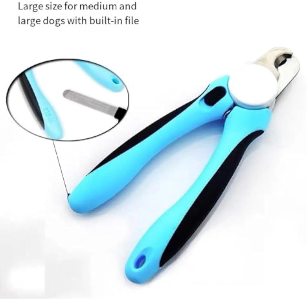 Blue heavy-duty metal dog nail clippers with safety guard for large breeds and thick nails.