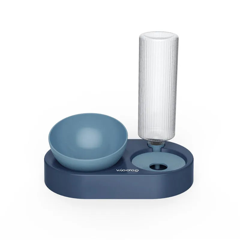 Double bowl automatic dog cat feeder with 600ml water dispenser, raised adjustable plastic base in dark blue