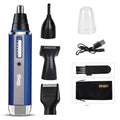 Blue electric shaver for facial hair trimming with sideburn, eyebrow and nose hair functions