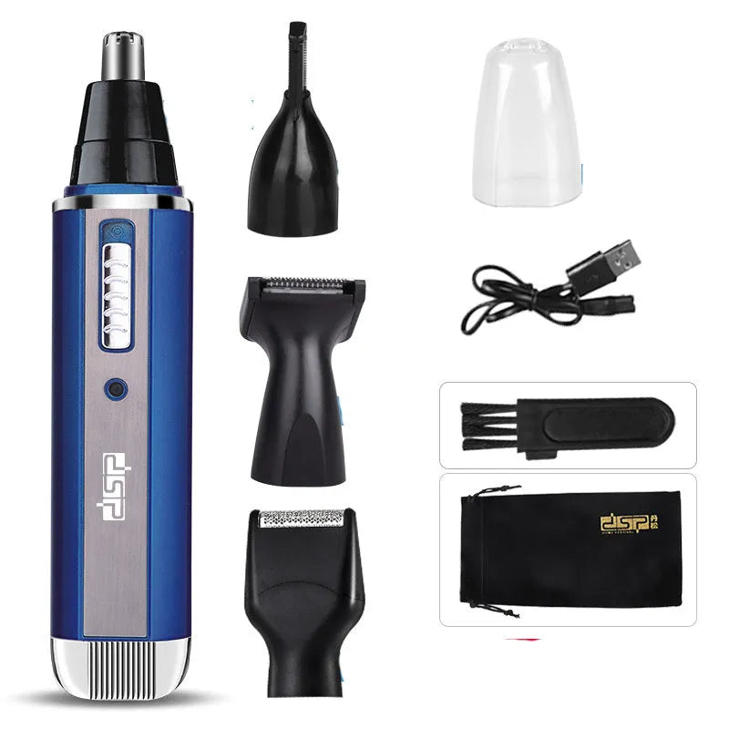 Blue electric shaver for facial hair trimming with sideburn, eyebrow and nose hair functions