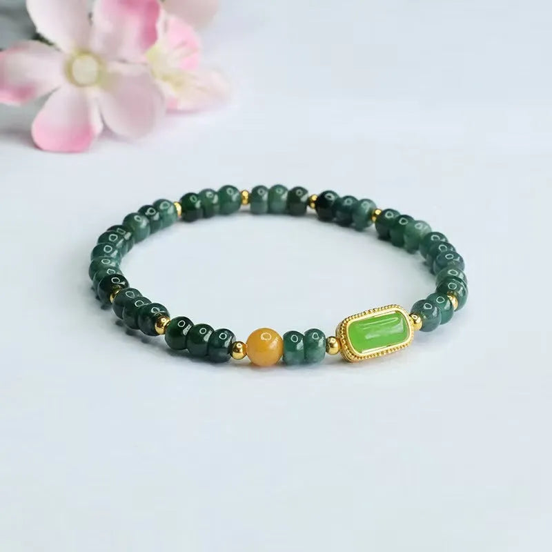 Natural stone blue water jade and jasper bracelet with topaz accents and electroplated metal components