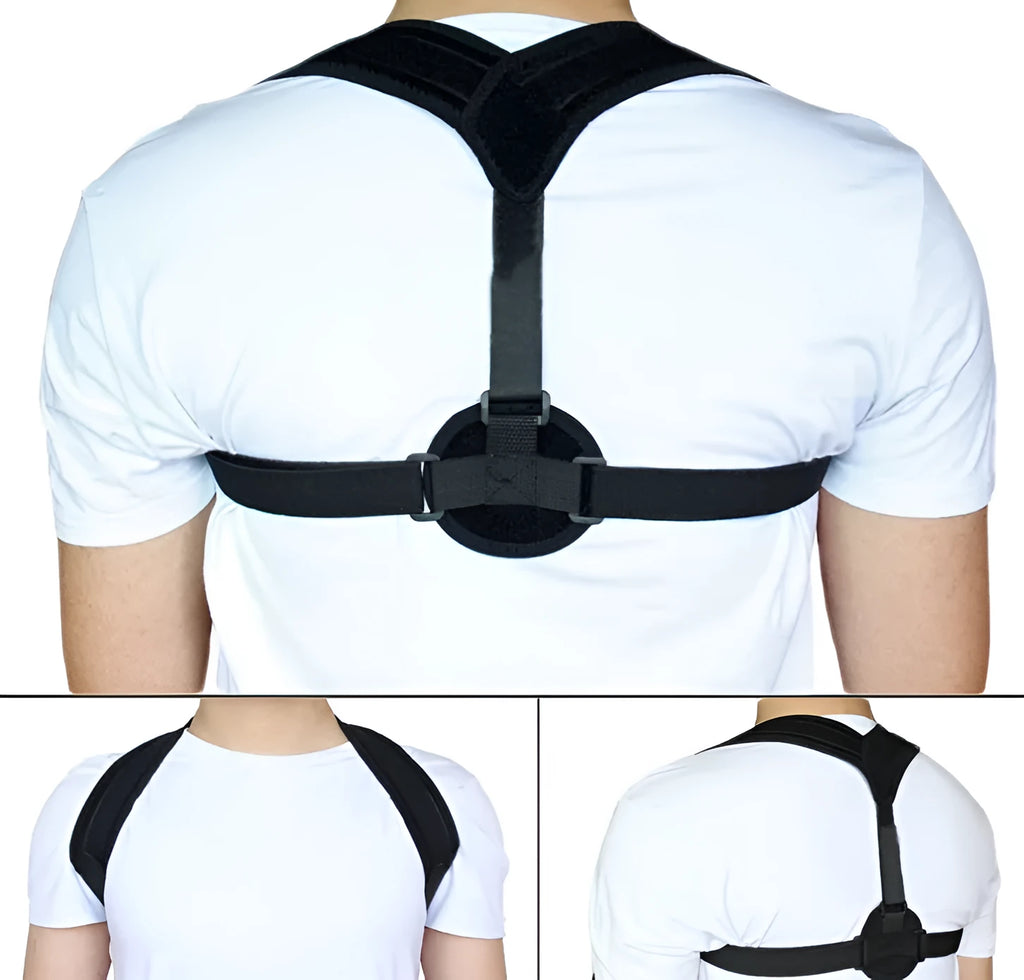 Black breathable posture correction belt with figure 8 design and adjustable straps on a plain background