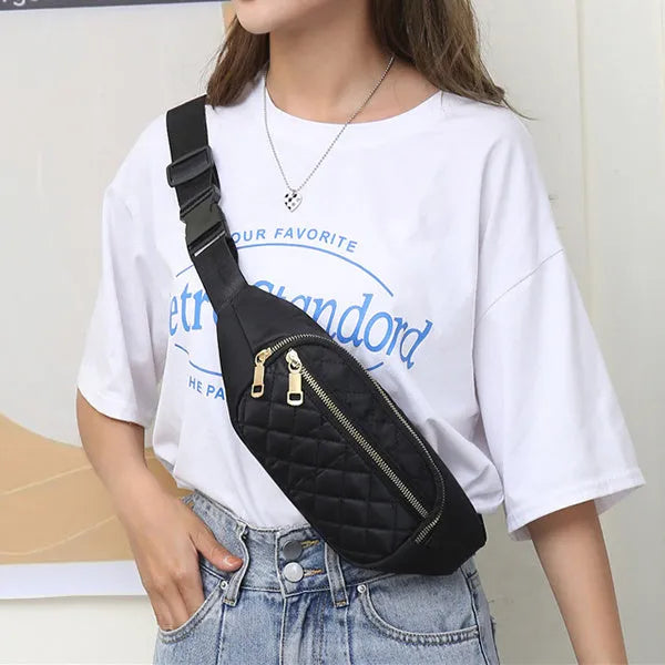 Rhombus nylon fanny pack for women, crossbody waist bag with zipper closure in solid colour, medium size, soft handle.