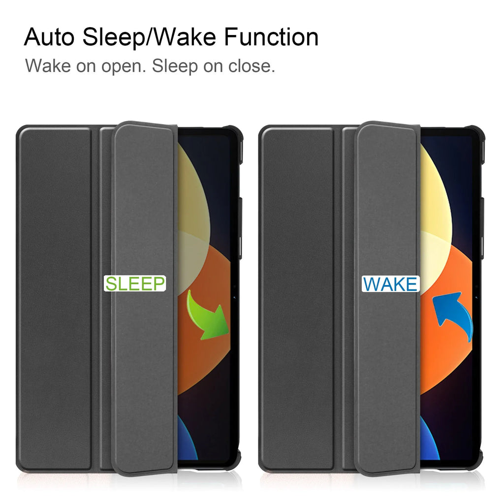 Ultra-thin black tri-fold protective case for Xiaomi Pad 5 Pro 12.4 with auto wake function