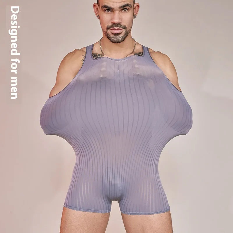 Men's black and white striped nylon jumpsuit, free size, front view