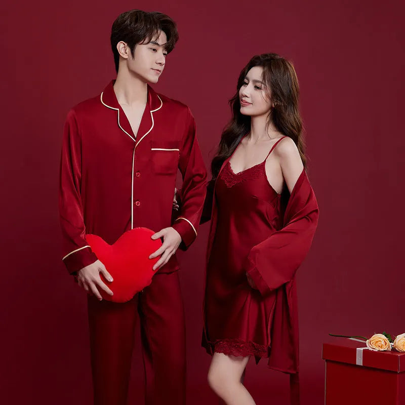 Red ice silk wedding sleepwear set for men and women with long sleeves and trousers