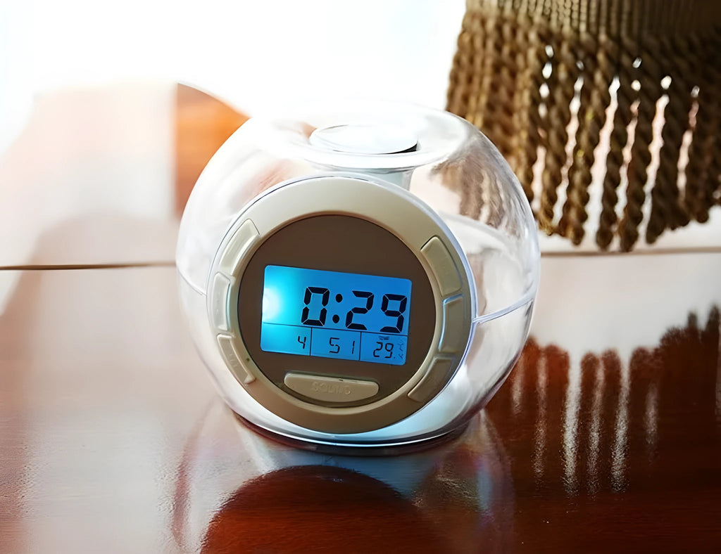 White colourful natural sound alarm clock with LCD display showing time and date