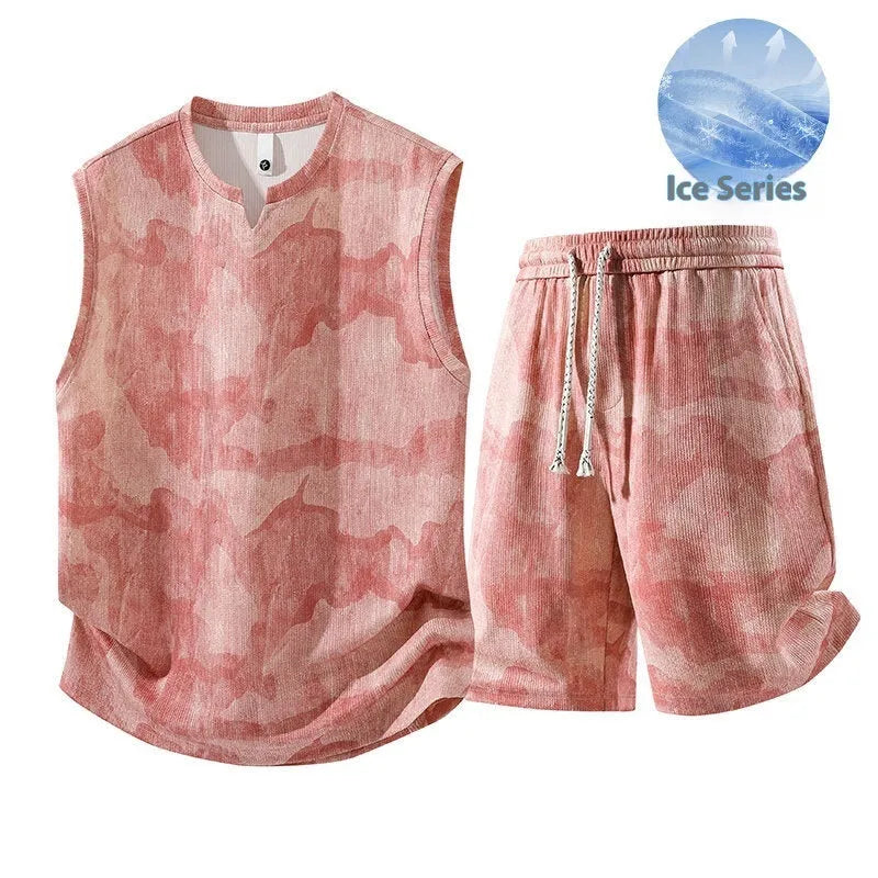 Sleeveless vest and shorts two-piece casual suit in quick-drying fabric for plus sizes.
