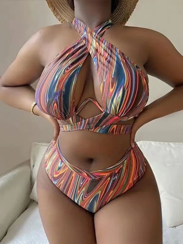 Women's floral pattern high waist bikini swimsuit in plus sizes