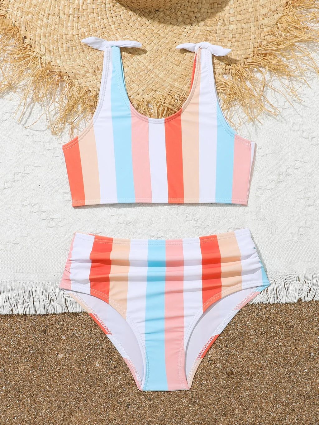 Girls' two-piece plaid print swimsuit with bra top and briefs for swimming.