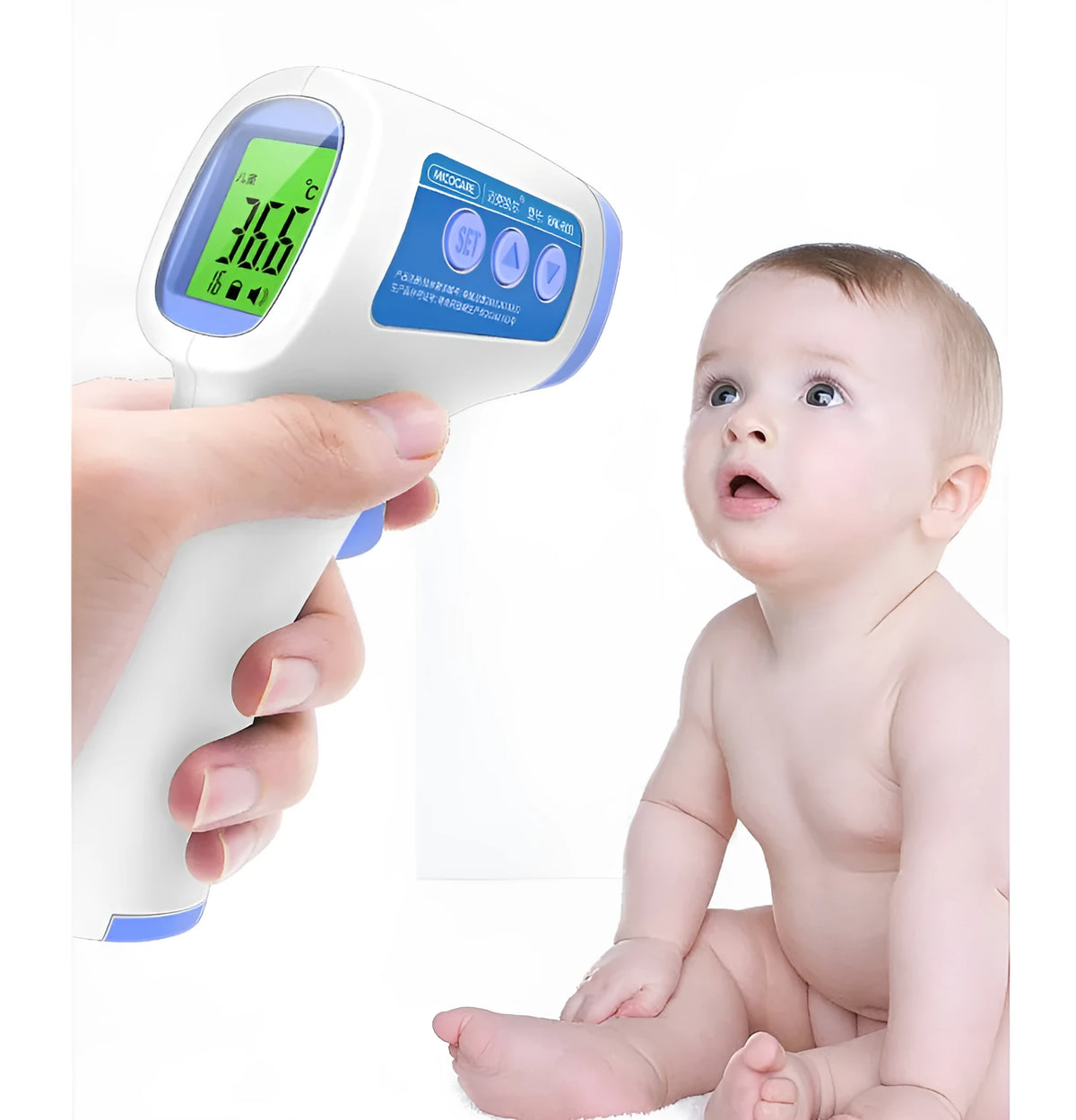 White RAK-FI03 infrared forehead thermometer, non-contact, 1-5cm distance, 32-43.9°C range