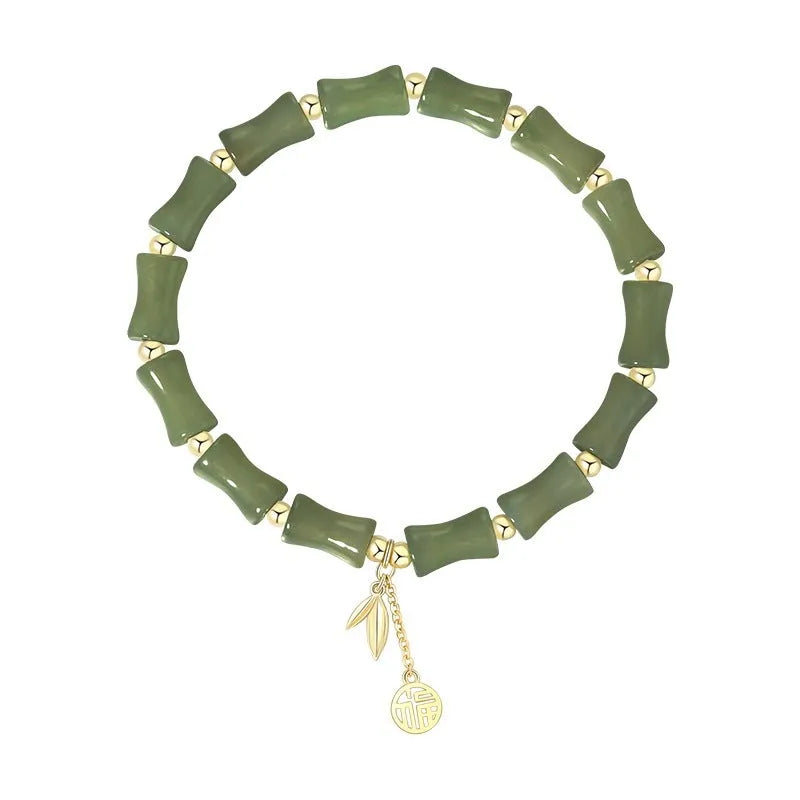 Chinese style bamboo joint jade bracelet and necklace set with safety knot