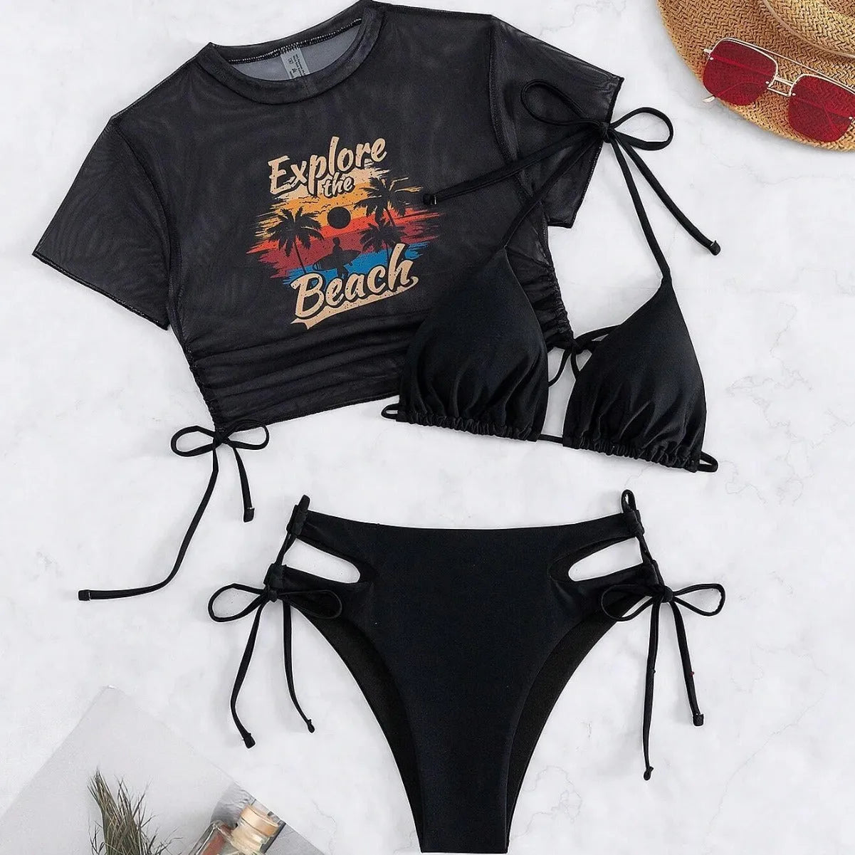 Women's three-piece bikini swimsuit with short sleeves in nylon fabric