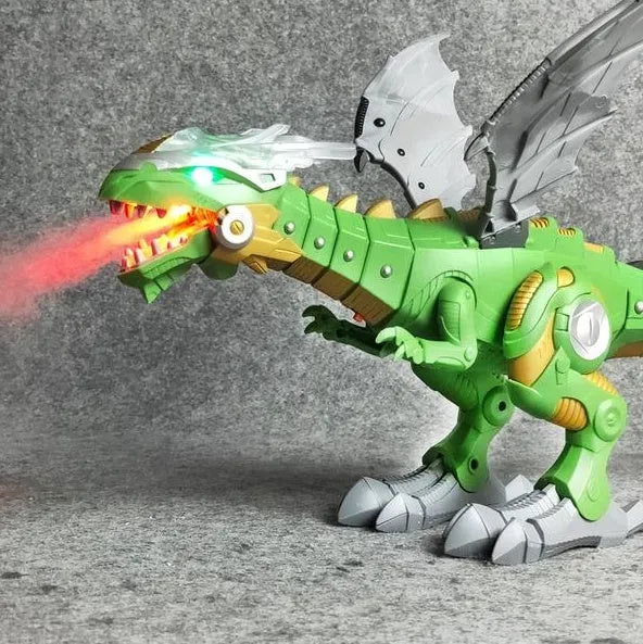 Intelligent robot toy dinosaur in white, spraying water mist with glowing light effects, walking on flat surface