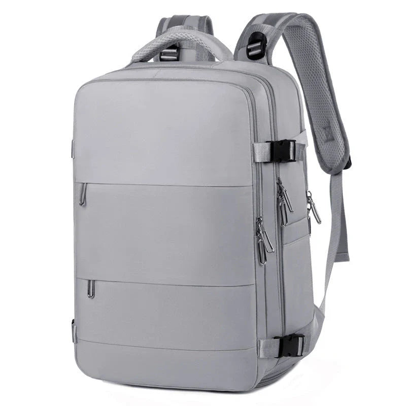 Stylish women's travel backpack with large capacity, separate wet and dry compartments, and a sleek, minimalist design