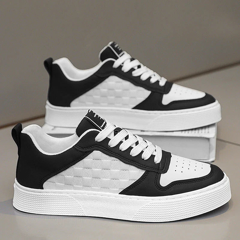 Stylish lace-up casual sneakers for men in plaid design with breathable mesh lining and rubber sole