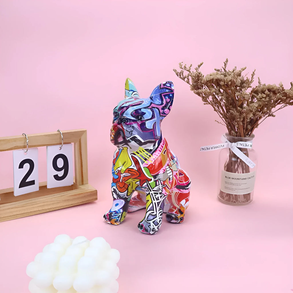 Graffiti colour finish French Bulldog resin statue on a table, modern simple style.