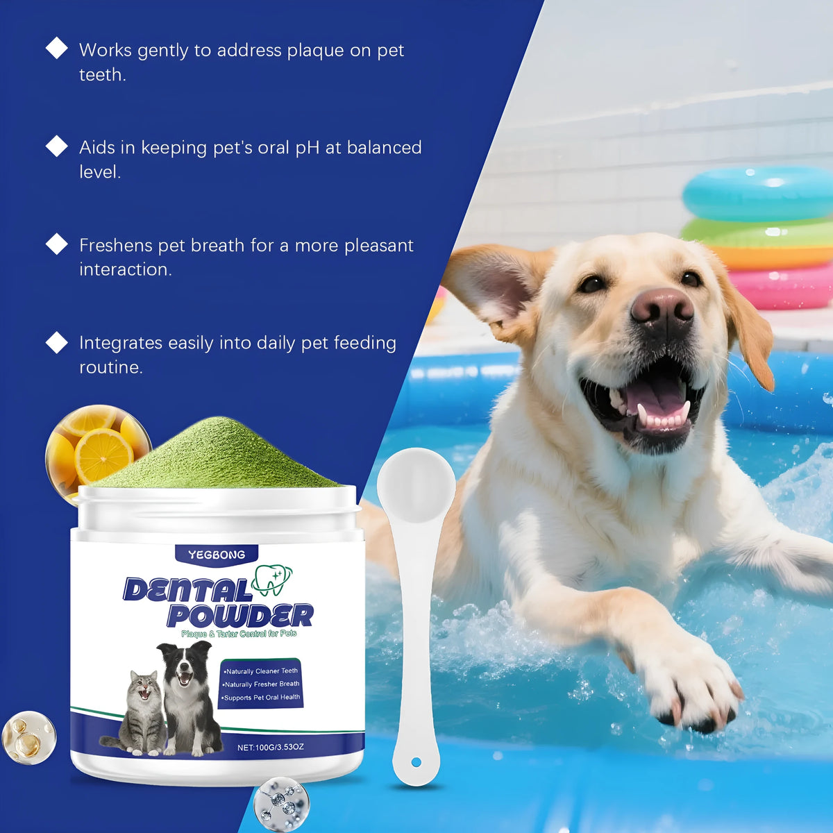 100g pet tooth cleaning powder tub for dog and cat oral hygiene with listed ingredients