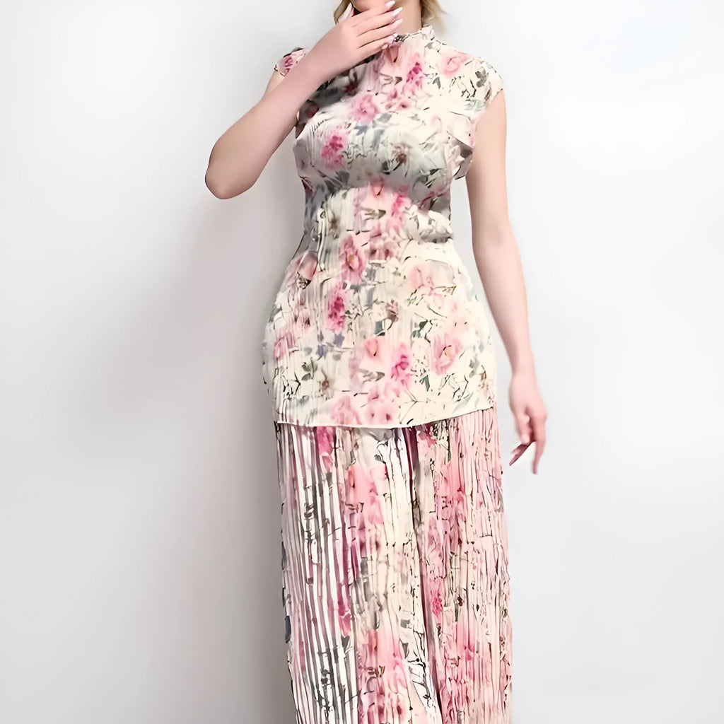 Long sleeve printed chiffon dress two-piece set with high waist skirt in picture colour